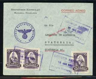 Nicaragua Postal History: Lot 320 1939 German Diplomatic Managua - Guatemala $$