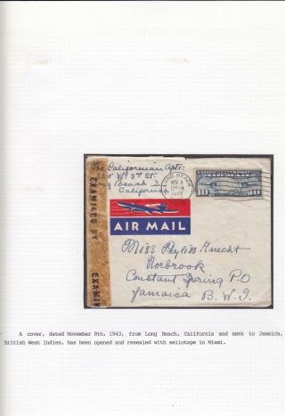 Usa 1943 Wwii Censored Airmail Cover Long Beach California To Jamaica