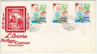 Staehle Scarce Cachet Fdc Liberia Postage Centenary 3 Stamp Values 1960