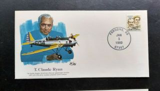 Us Fleetwood Cover 27 Pioneers Of Flight - Airplane T.  Claude Ryan Airmail