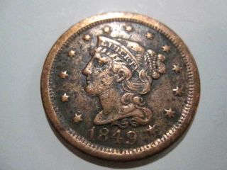 1849 Large Cent Braided Hair Liberty Head Copper Penny