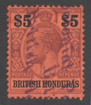 British Honduras 1913 $5 Purple&black On Red Sg 110 Scott 84 Vfu Cat £300 ($510)