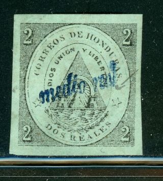 Honduras 1877 Provisionals Tegucigalpa: Scott 18 ½r/2r Black/grn (blue) Cv$80,
