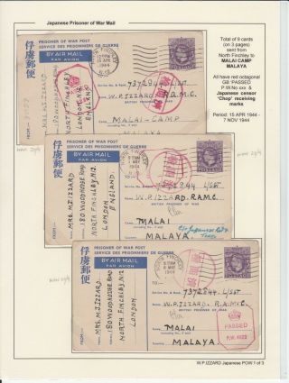 9 Ww2 Ps Cards 1944 Uk To British Pow In Malaya With Gb & Japanese Censor Mks