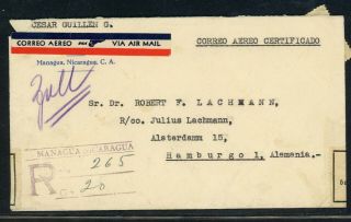 Nicaragua Postal History: Lot 308 1936 Reg Air 45c Managua - Hamburg $$$