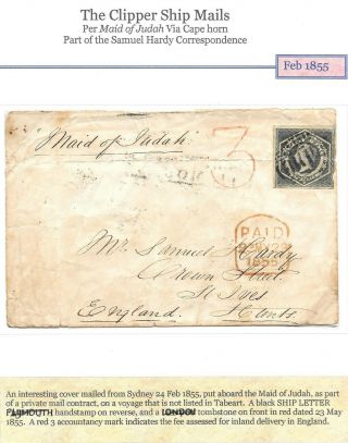 Sydney N.  S.  W.  1855 Cover To St.  Ives With Plymouth Ship Letter.  Maid Of Judah.