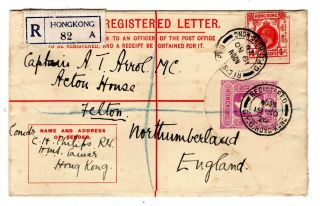 1928 Hong Kong To Gb Uprated Registered Envelope.
