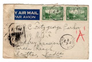 1942 Canada To India Censored Airmail Cover / $1 Rate.