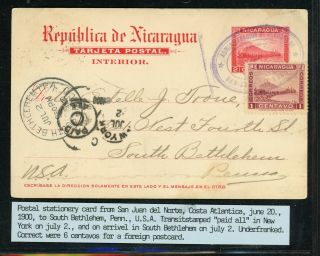 Nicaragua Postal History: Lot 292 1900 Uprated 3c Pc San Juan Del Norte $$$$