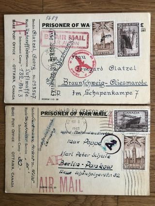 2 X Canada Old Postcard Prisoners Post To Germany 1943