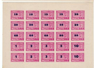 Chile Caupolican Due Stamps Full Sheet No Gum Lilac Blue Overprint Vii