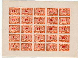 Chile Caupolican Due Stamps Full Sheet No Gum Orange Red Overprint Vi