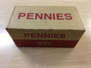 Unsearched 50 Rolls Lincoln Cents 2500 Pennies,  Bank Box,  Some Copper