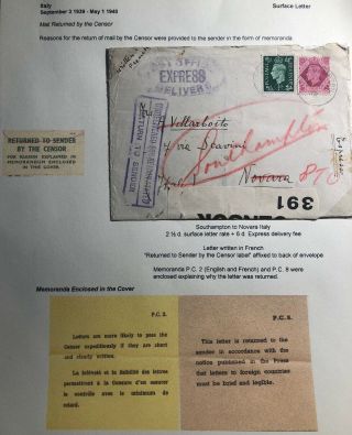 1939 Southampton England Censored Cover To Novara Italy No Service Return T Send