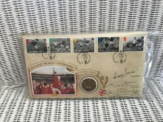 Signed England World Cup Winners Football Heroes Photo,  Coin,  Stamps X4