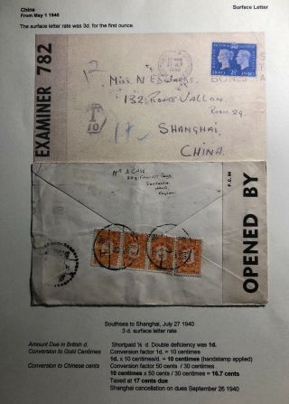 1940 Portsmouth England Censored Postage Due Cover To Shanghai China