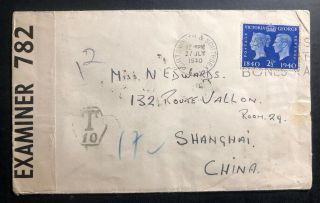 1940 Portsmouth England Censored Postage Due Cover To Shanghai China 2