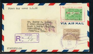 Nicaragua Postal History: Lot 286 1932 Reg Air Earthquake Fdc To Pittsburgh $$$