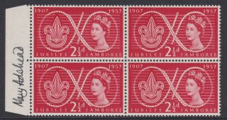 Gb Stamps 1957 Scouts 2 1/2d Block Signed By The Artist Designer Personally