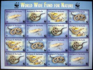 2002 Mnh Antigua & Barbuda Wwf Snake Stamps Sheet 16 Antiguan Racer Rare Snake