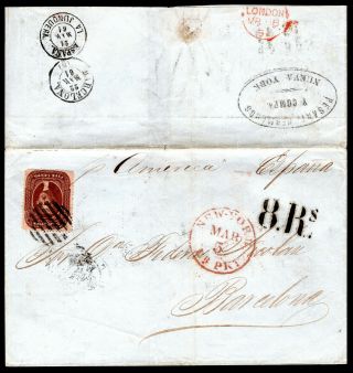 Usa 1861 Cover W/stamp Scott 30a From N.  Y.  To Barcelona Via London
