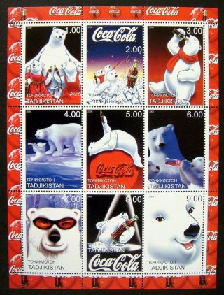 2000 Mnh Tadjikistan Coca Cola Stamps Sheet 9 Polar Bear Coca Cola Collectible