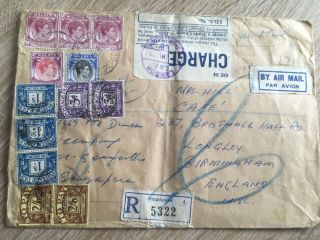 Postal History Singapore,  Malaya 1950 Reg Cover To Uk With Postage Due Stamps