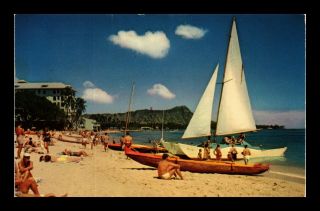 Dr Jim Stamps Us Waikiki Beach View Hawaii Chrome Air Mail Postcard 1957