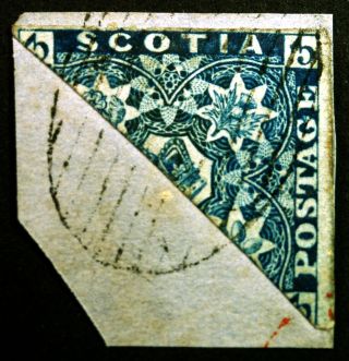 Classic Nova Scotia 3a 3 Pence Dark Blue Vf Bisect On Piece Scarce Stamp