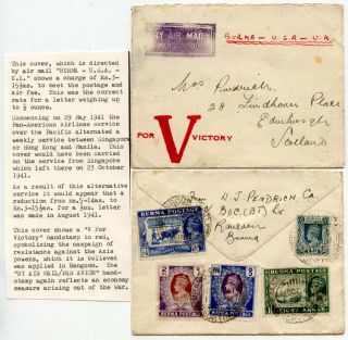 Burma Ww2 V For Victory,  Airmail Economy Hs To Scotland 1940 Pan Am Rate