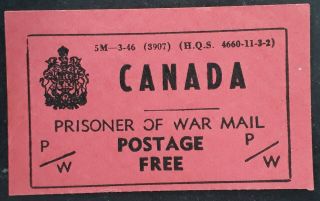 Rare C.  1940 Canada Prisoner Of War Postage Label Full Gum
