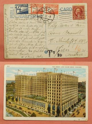 Dr Who 1931 Drake Hotel Chicago Il Postcard To Austria Postage Due 118309