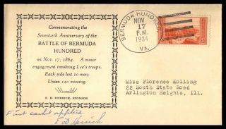 Virginia Battle Of Bermuda Hundred November 17 1934 Ed Herrick Cachet On Cover