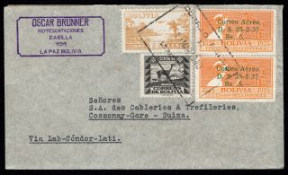 Bolivia 1940 Airmail Cover W/stamps From La - Paz (1.  03.  40) To Switzerland