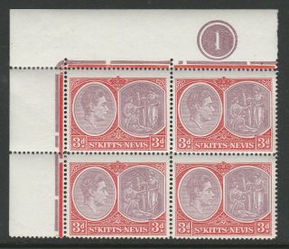St Kitts - Nevis 1938 - 50 George Vi 3d Perf 14 Ord.  Paper Plate Block Sg 73f Mnh