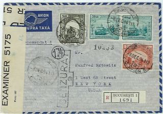 Romania 1942 Registered Censored (bermuda) Airmail Cover To York Via Lisbon