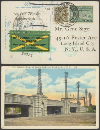 Brazil 1930 - Zeppelin Flight Air Mail Postcard To York Usa 30564/6
