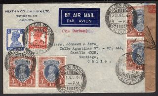British India To Chile Censored Air Mail Cover 1941 Calcutta - Santiago