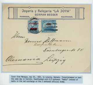Nicaragua Postal History: Lot 227 1921 5½c Maxwell 486a " Mddio " Error Leipzig $