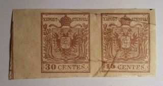 lombardy venetia 1850 EXTRAORDINARY 30c,  15c Colour error €15000, 5