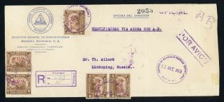 Nicaragua Postal History: Lot 221 1931 Reg Air Official Ar To Linkoping $$$