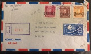 1953 Costa Rica Registered Airmail Cover York Usa Roosevelt Stamps Mi 483/5