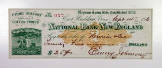 Ct.  Neptune Twine Mills 1876 $25 Check.  Nb Of England.  2c Revenue Affixed.
