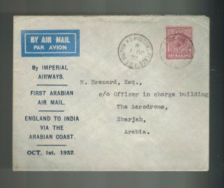 1932 Hudson Place England First Flight Cover Ffc To Sharjah Via Imperial Airways
