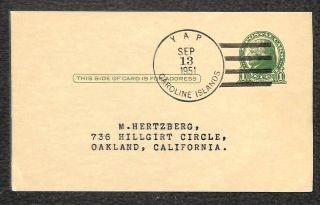 Usa Scott Ux27 Postal Card Yap Caroline Islands To California 1951
