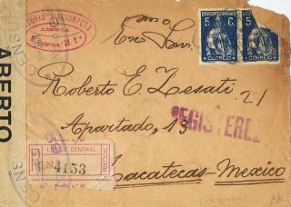 Portugal - 1917 Registered Cover 5 C.  (par) Ceres.  Lisboa To Mexico.  Censuras