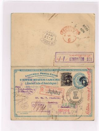 Us 1908 Unsevered Postal Card Uy2 To Sarawak,  Us Reg Label Fx - Sf1b,  Multi - Chops