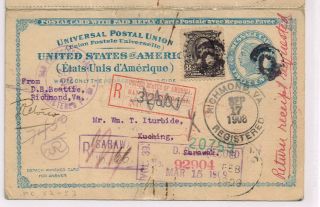 US 1908 unsevered postal card UY2 to Sarawak,  US Reg Label FX - SF1b,  Multi - chops 2