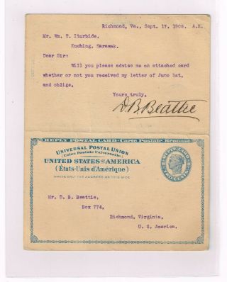 US 1908 unsevered postal card UY2 to Sarawak,  US Reg Label FX - SF1b,  Multi - chops 4