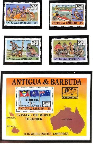 Barbuda Boy Scouts Scott 982 - 86 Ovpt Stamp Set & Souvenir Sheet Mnh 1988